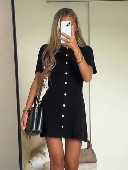 Elegant Knit Mini Slim High Waist Short Sleeve Rib Sweater Dress