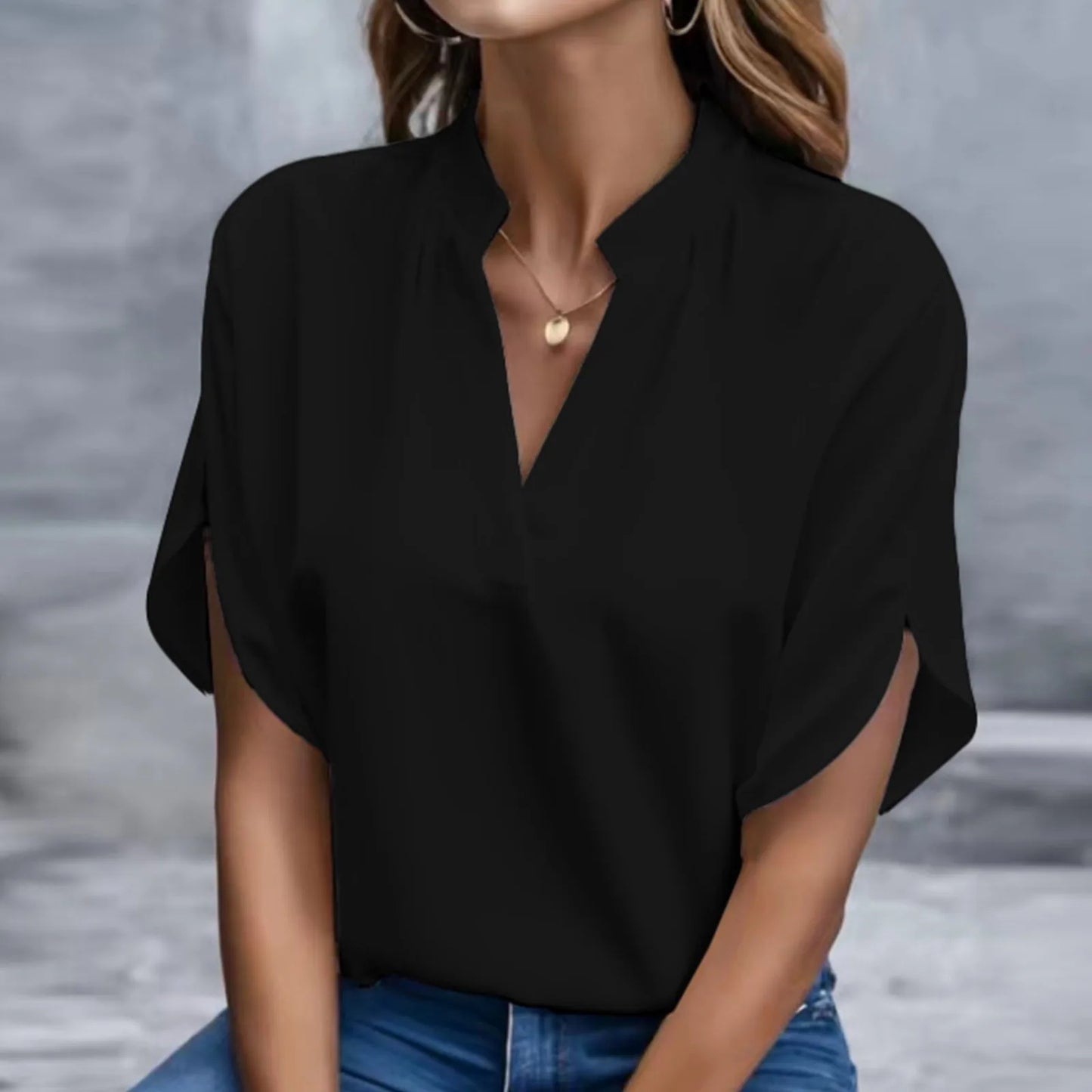 V Neck Blouse Casual Short Slit Sleeve Formal Shirt