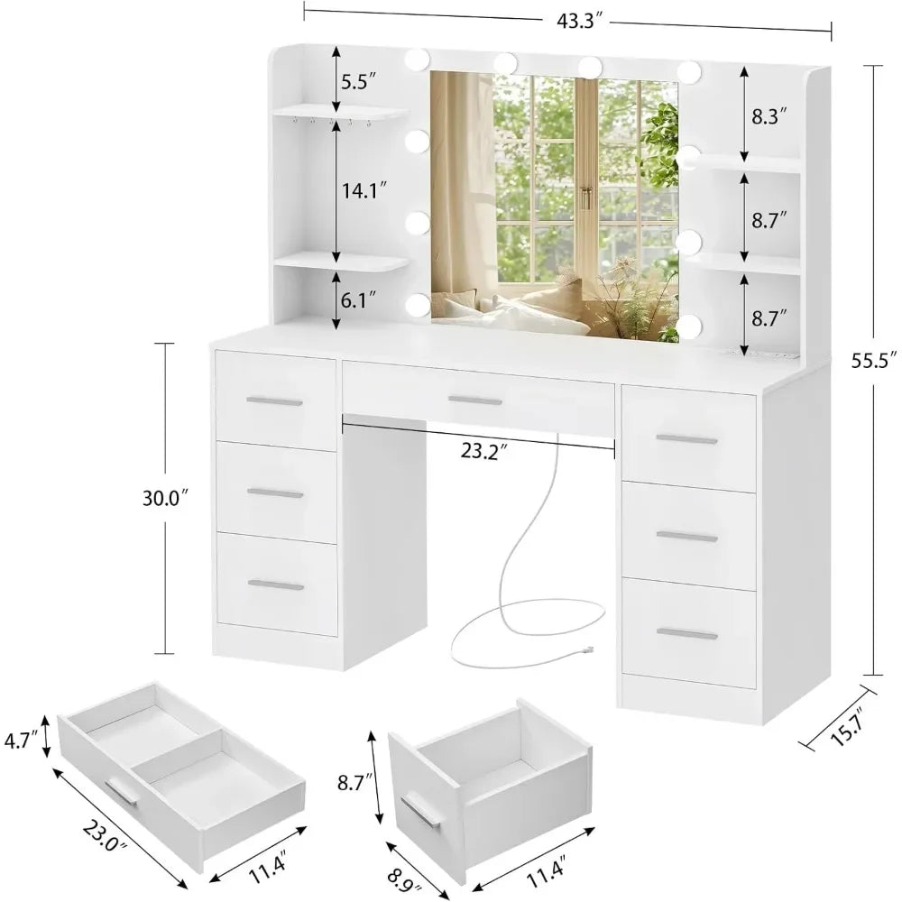 Vanity Desk with LED Lighted Mirror & Power Outlet