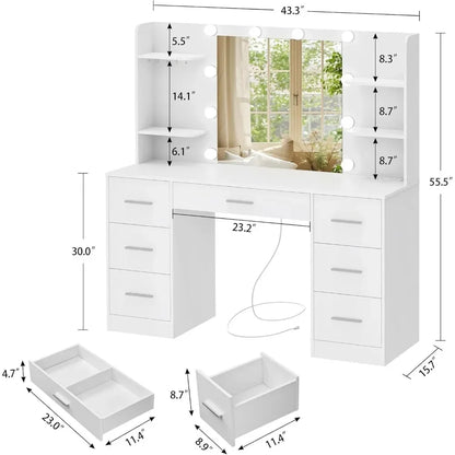 Vanity Desk with LED Lighted Mirror & Power Outlet