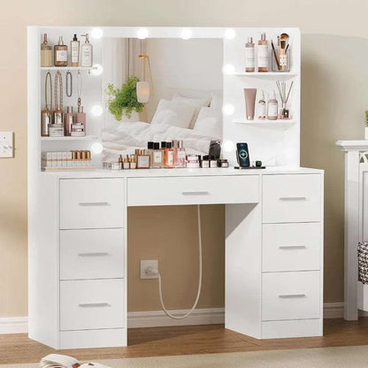 Vanity Desk with LED Lighted Mirror & Power Outlet