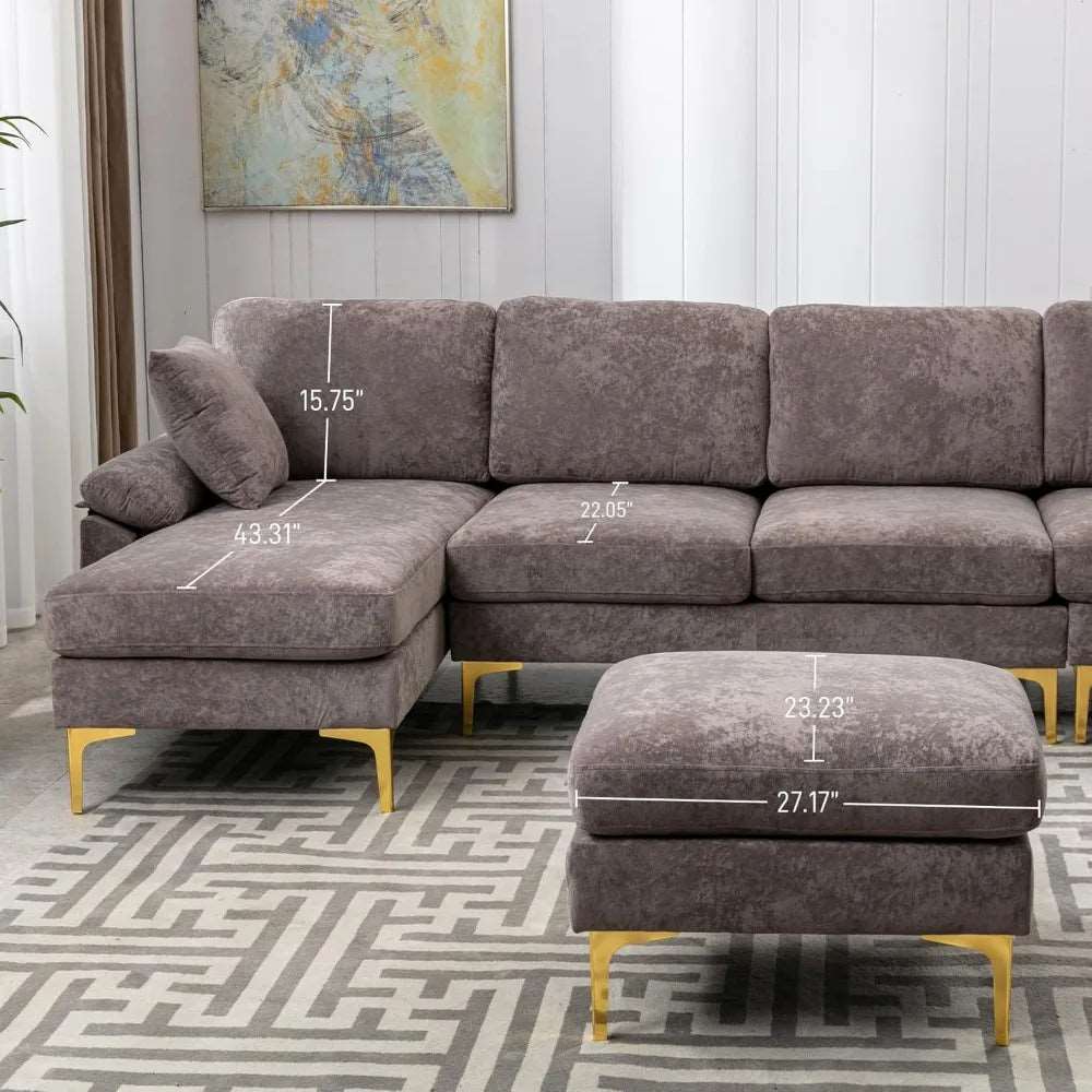 Convertible L-Shaped Velvet Couch with Chaise Lounge