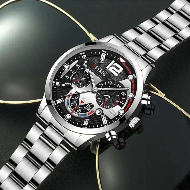 2pcs Luxury Mens Silver Quartz Watch With Stainless Steel Bracelet Men Fashion Business Casual Watch Luminous Clock