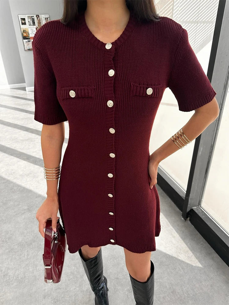 Elegant Knit Mini Slim High Waist Short Sleeve Rib Sweater Dress