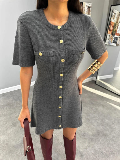 Elegant Knit Mini Slim High Waist Short Sleeve Rib Sweater Dress