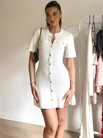 Elegant Knit Mini Slim High Waist Short Sleeve Rib Sweater Dress