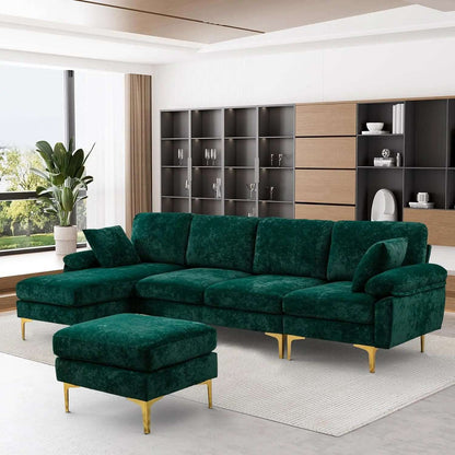 Convertible L-Shaped Velvet Couch with Chaise Lounge