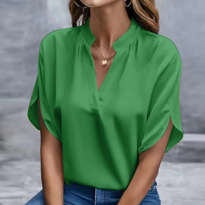 V Neck Blouse Casual Short Slit Sleeve Formal Shirt