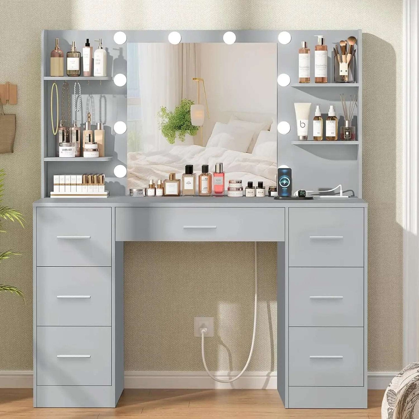 Vanity Desk with LED Lighted Mirror & Power Outlet