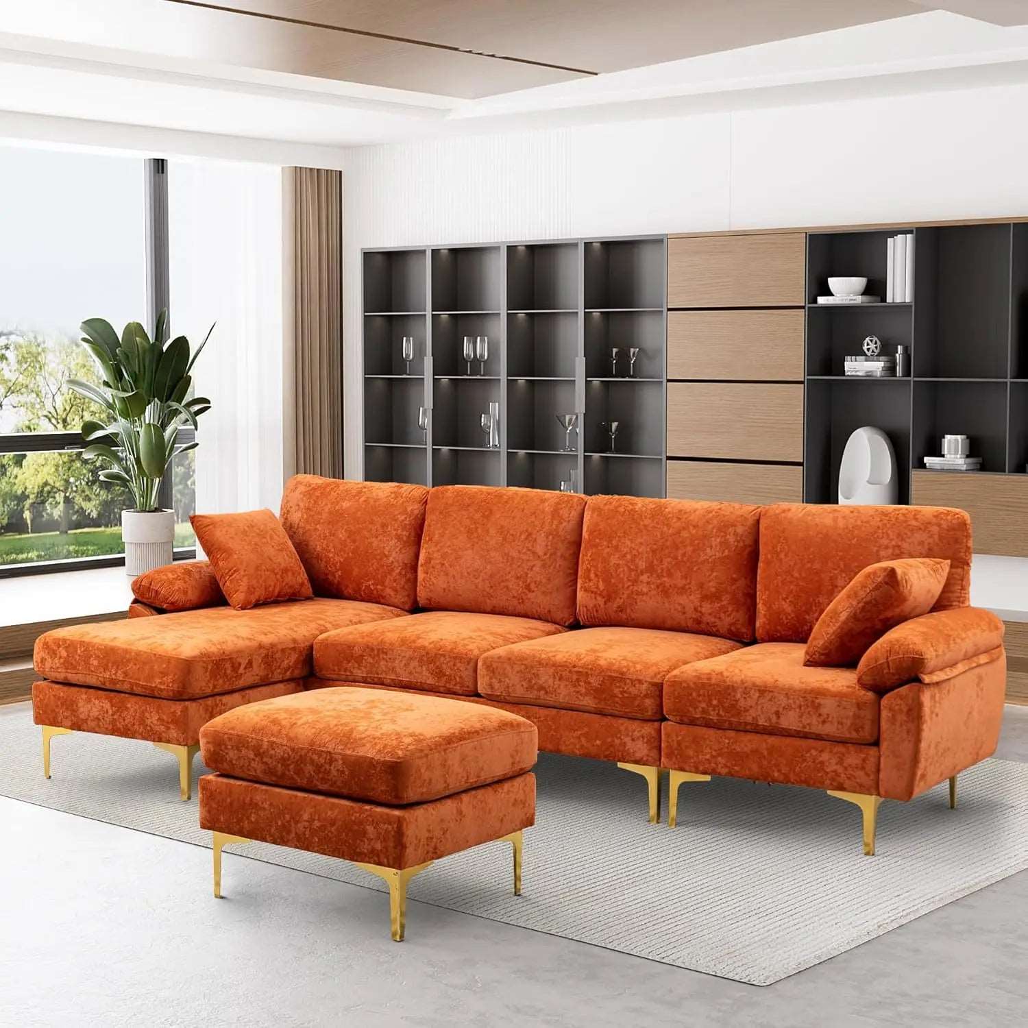 Convertible L-Shaped Velvet Couch with Chaise Lounge