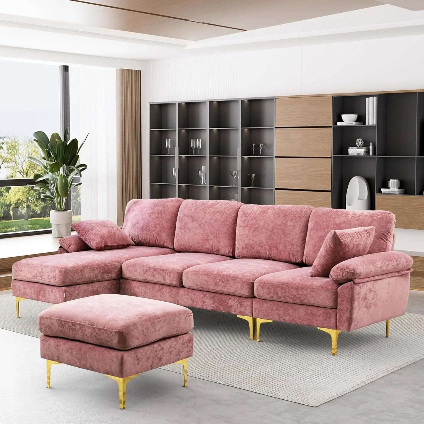 Convertible L-Shaped Velvet Couch with Chaise Lounge