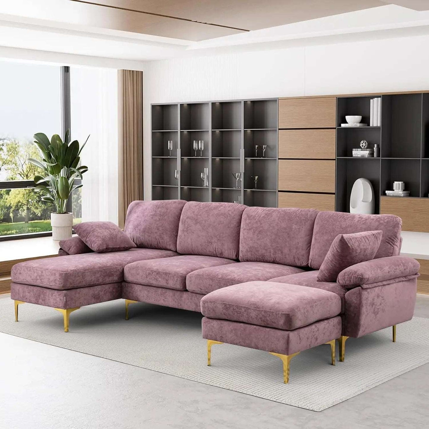 Convertible L-Shaped Velvet Couch with Chaise Lounge