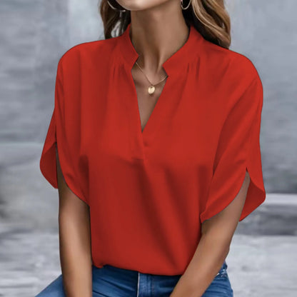 V Neck Blouse Casual Short Slit Sleeve Formal Shirt