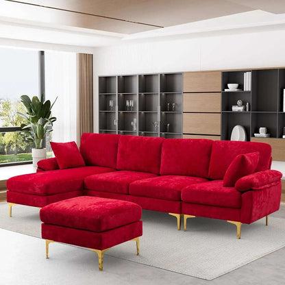 Convertible L-Shaped Velvet Couch with Chaise Lounge