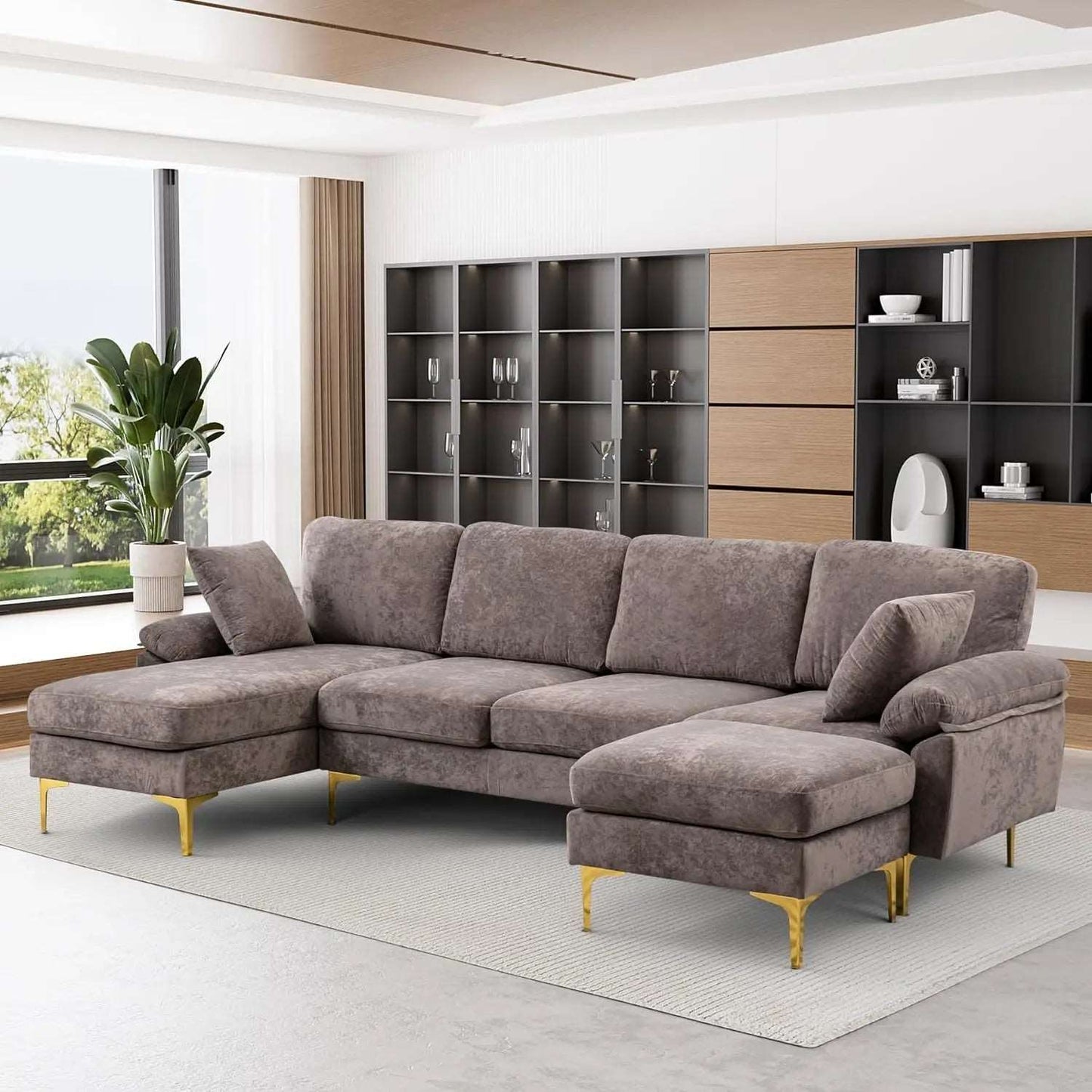 Convertible L-Shaped Velvet Couch with Chaise Lounge