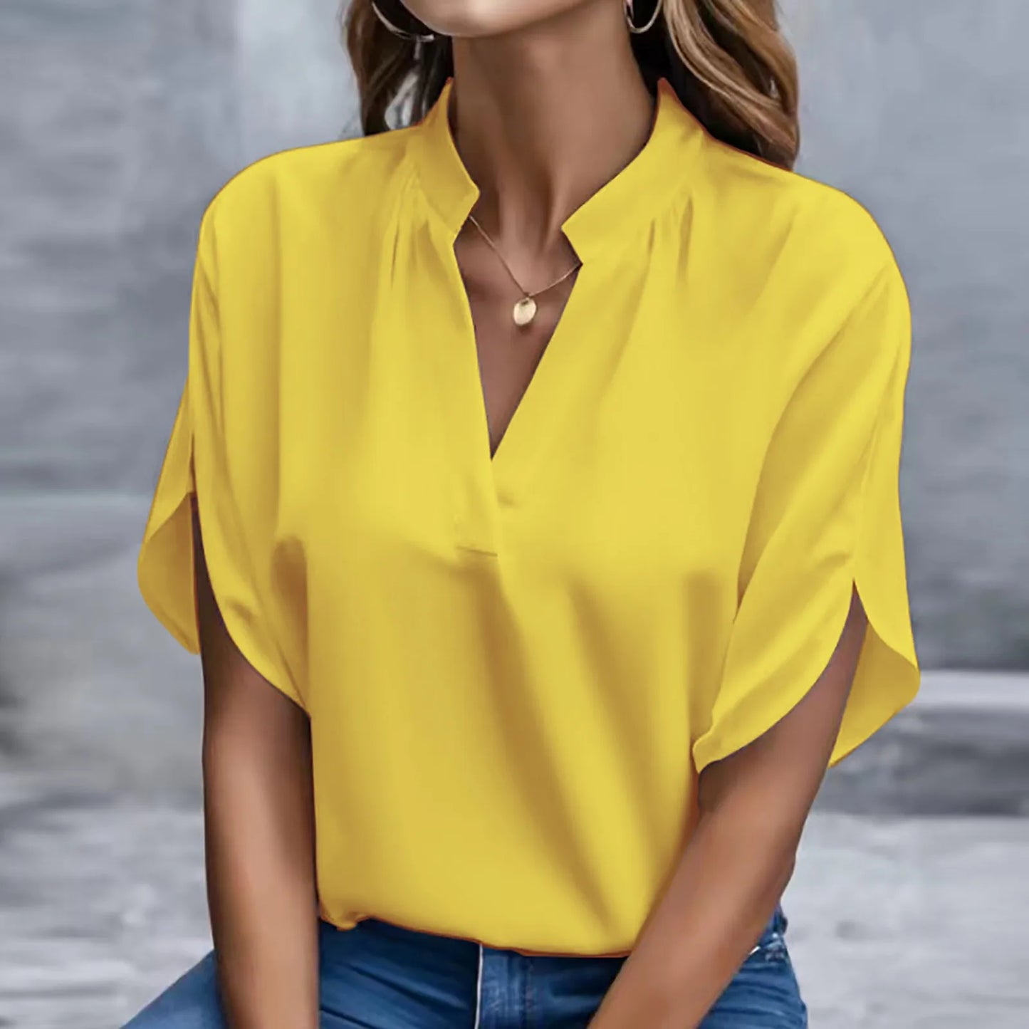 V Neck Blouse Casual Short Slit Sleeve Formal Shirt