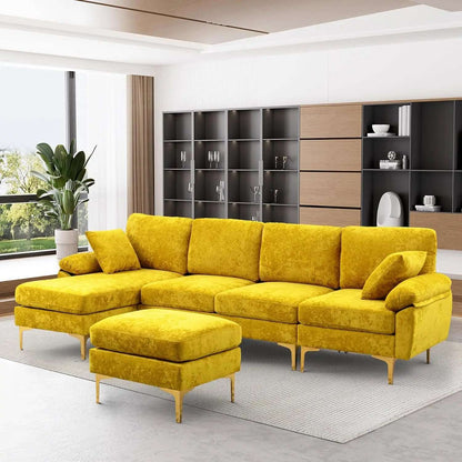 Convertible L-Shaped Velvet Couch with Chaise Lounge